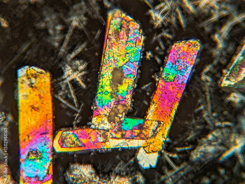 Needle-like crystals under polarized microscope showing vivid birefringence