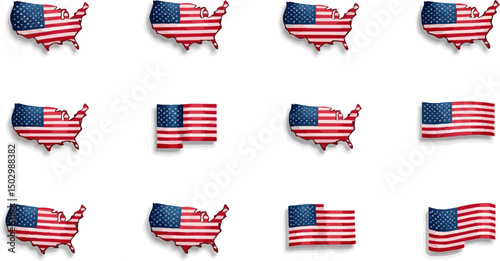 Create a kinds of usa flag icons set, United States of America flag, Vector illustration color with white background.