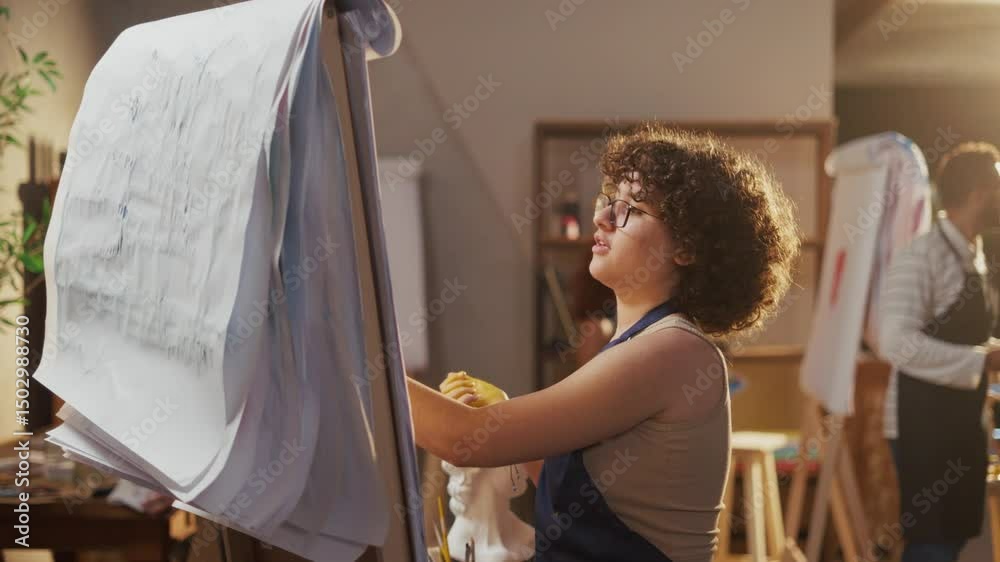 Diligent art students are drawing pictures in class busy with creative work enjoying activity and crafts education. Fine arts and education concept.
