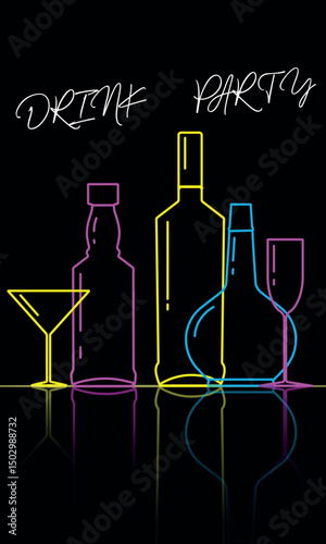 Set of alcohol bottles, glasses, drink party, line drawing neon colors. Poster design, menu, t-shirt print, drinks, rum, cocktail