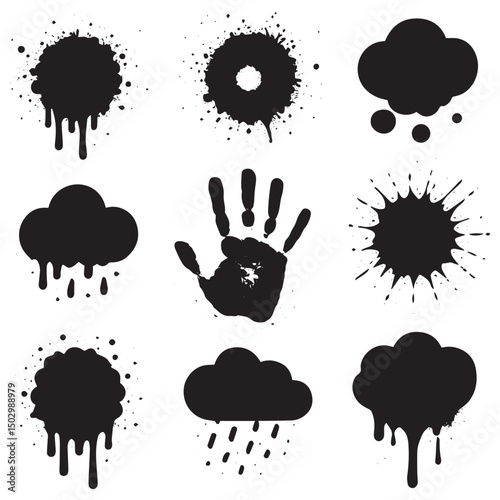 Set of Grunge Ink Splatters, Dripping Clouds, and Handprint Vector Elements for Horror and Abstract Design