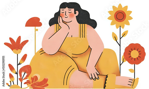 Serene Plus Size Woman Relaxing Amidst Flowers - Flat Vector Illustration