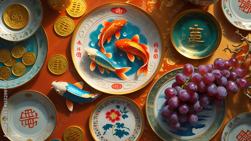 Fototapeta premium Vibrant Koi fish and lucky coins celebrate Chinese New Year prosperity grapes add sweetness to this auspicious scene
