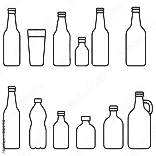 Set of Bottle and Glass Outline Icons – Beverage, Alcohol, and Drink Container Vector Collection