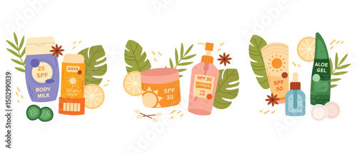 A set of three minimalist compositions with various skincare items. Sunscreen tubes, face sprays, moisturizers, and cosmetic containers. Soft colors and clean layout great for beauty-related visuals.