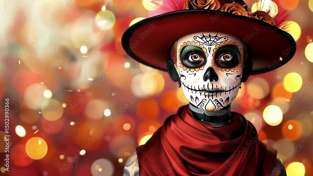 Hispanic woman with sugar skull makeup and traditional hat in colorful bokeh background. concept of day of the dead, cultural heritage, festivity, celebration of life and death, dia de los muertos