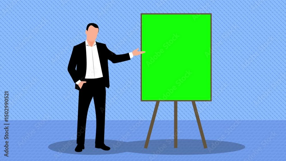 A suit wearing male flat design animated character appears on screen bringing attention to a green screen board for presentation Concept Animation