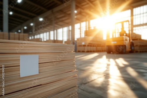 Wood planks stacked in sunny warehouse with forklift and boxes