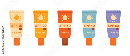 Sunscreen collection showing SPF levels from 15 to 50 in clean cartoon minimalist style. Ideal for infographics, beauty blogs, and educational content about sun protection.