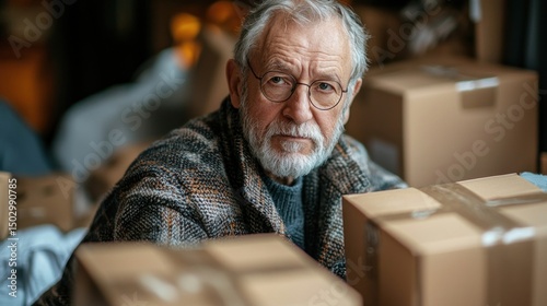 Elderly man with glasses surrounded by cardboard packages indoors