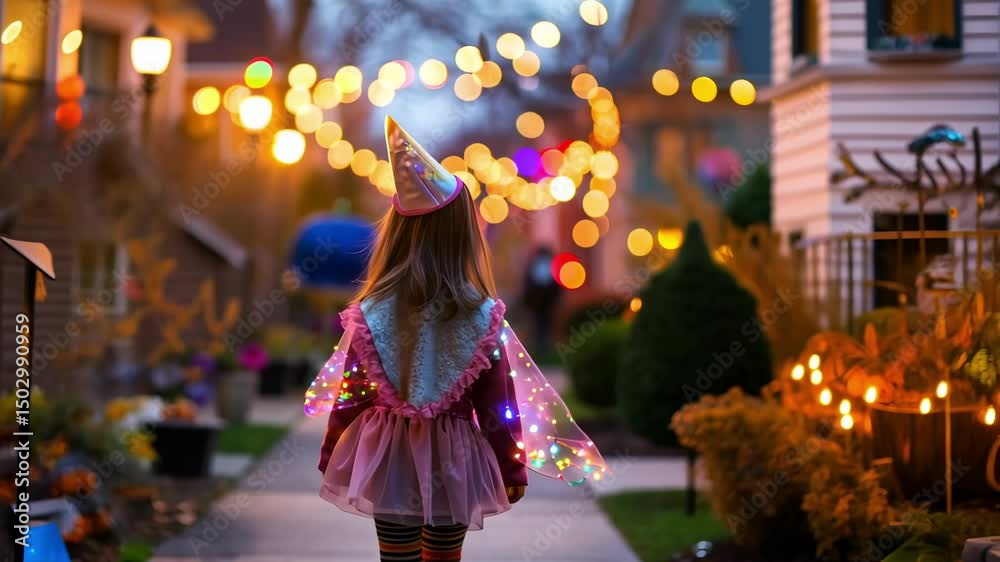 Little caucasian girl in fantasy costume strolling through festive neighborhood with magical lighting during halloween. concept of childhood imagination, festive celebration, enchanted evening