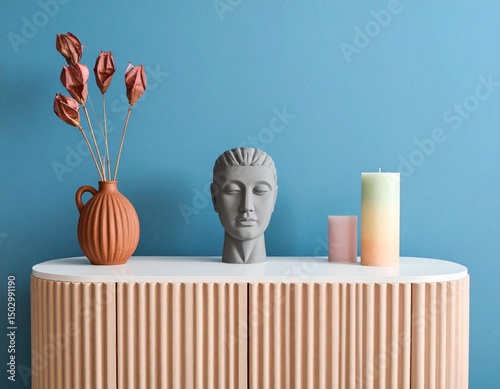 Modern console table with pastel candle, abstract head sculpture, and terracotta vase agains
