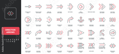 Direction arrows, direction pointer to right and forward, straight and curved line icon set. Cursor of arrow shape to click, modern traffic turn signs thin black and red symbols vector illustration