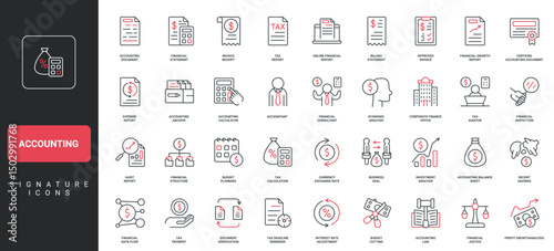 Accounting, budget balance and tax, revenue analysis of business company, audit line icon set. Invoice, statement sheets of accountant, regulation thin black and red outline symbol vector illustration