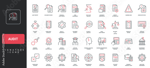 Audit, inspection for compliance with business standards and regulations, policy line icon set. Assessment, check and data research of auditor thin black and red outline symbols vector illustration