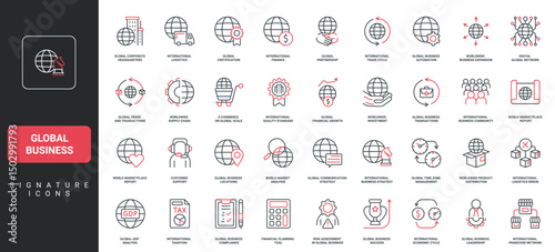 Global business, international cooperation and enterprise strategy, network line icon set. Economy of world, embargo and tax, customer support thin black and red outline symbols vector illustration