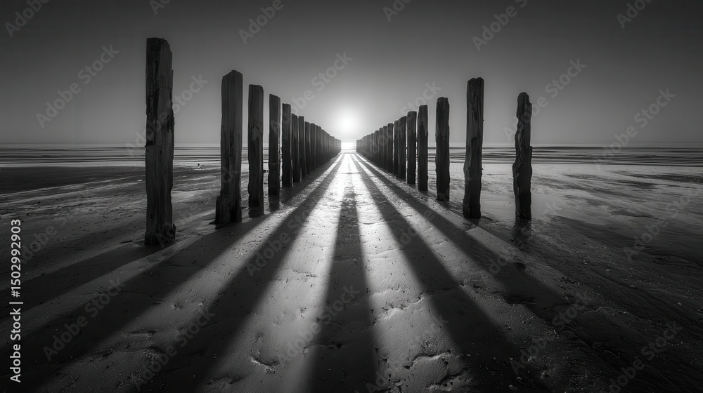 Fototapeta premium Shadow of a Derelict Wooden Pier Extending Across Wet Sand at Sunset Evoking Nostalgia and Serenity