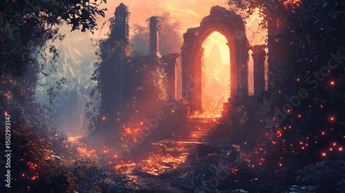Ancient Ruins Glowing With Embers In A Dark Forest