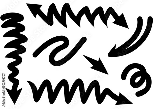 Creative Black Crayon Arrow Collection Vector Illustration | Hand-Drawn Curved, Spiral, Zigzag, and Wavy Arrows for Design, Presentation, and Infographic Projects