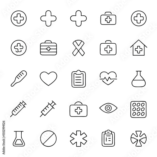 Set of Medical and Healthcare web icons in line style. Medicine, check up, doctor, dentistry, pharmacy, lab, scientific discovery, collection. Vector illustration.