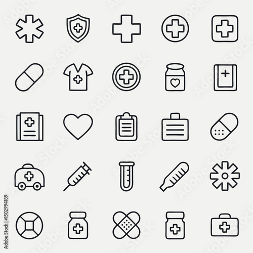 Set of Medical and Healthcare web icons in line style. Medicine, check up, doctor, dentistry, pharmacy, lab, scientific discovery, collection. Vector illustration.