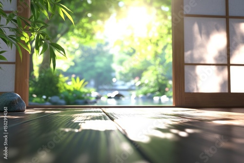 Sunlit garden view through open shoji screen door