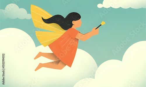 Cute Flying Fairy Girl in the Clouds with Magic Wand – Whimsical Flat Illustration for Children’s Story or Fantasy Theme