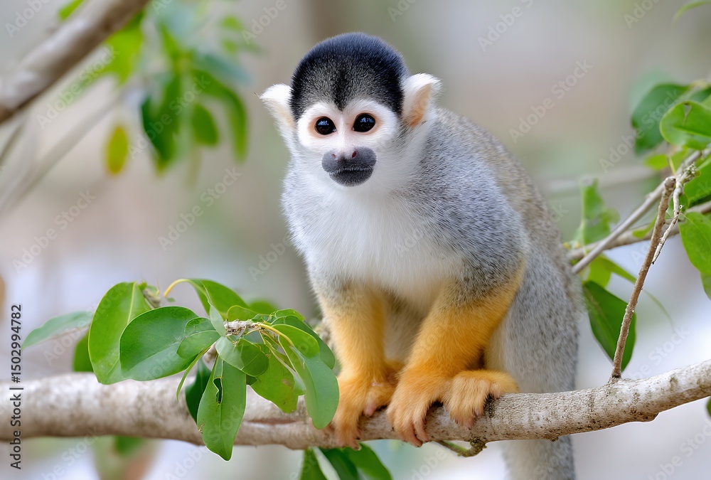 Closeup Portrait of a Squirrel Monkey on a Tree Branch Closeup Portrait of a Squirrel Monkey on a Tree Branch