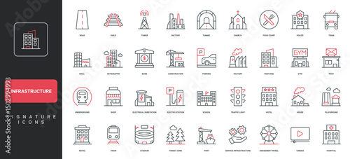 City infrastructure, building and road, public transport, industry and energy facility line icon set. Shopping mall and office, tunnel and park thin black and red outline symbols vector illustration