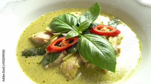 Cinematic close-up of Thai green curry with chicken, basil, and chili, orbit and macro zoom motion