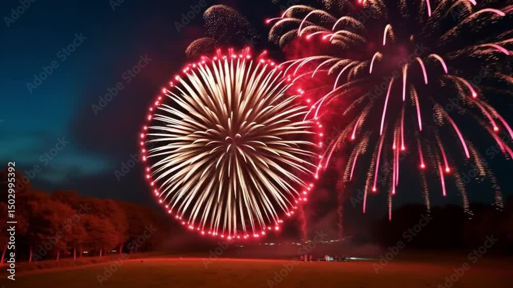 Colorful pyrotechnic fireworks burst across the night sky, a vibrant celebration over the city river