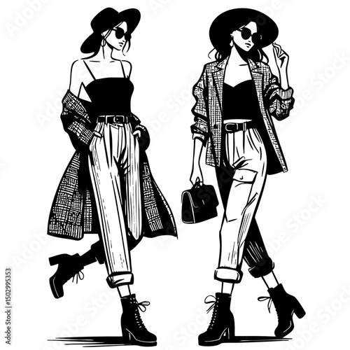 白黒で描かれた2000年代ファッションの女性