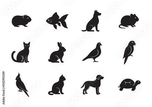 Pet animal black silhouette bundle set design. bird, fish, mammal, canary, cat, Cockatiel, dog, hamster icon clip art