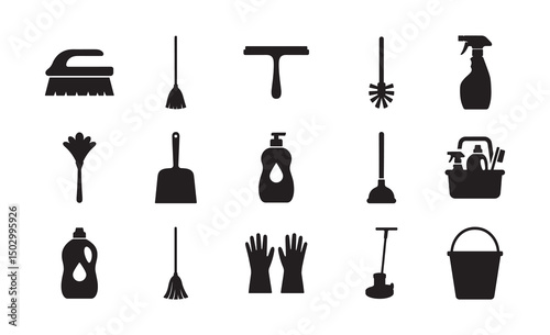 set of home cleaning tools or items black silhouette design, mop broom bucket laundry bundle logo icon