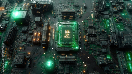 Electronic signal move and flashes along surface tracks of the neon colored circuit board	