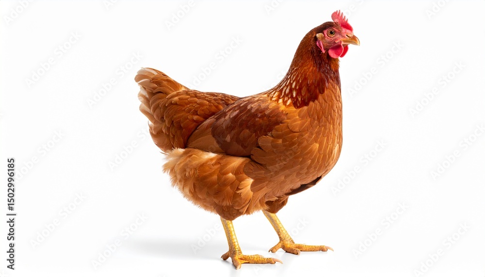 Fototapeta premium Realistic Brown Laying Hen Standing Isolated on White Background in Soft Studio Light