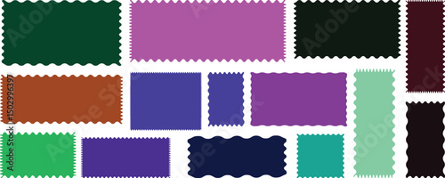 Colorful scalloped frames. Rectangle shape frame with wavy edge. Geometric shapes stickers with zigzag wavy edge. Set of frames with zigzag edge, scallop edge shapes. Vector illustration 