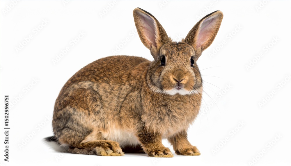 Fototapeta premium Realistic Domestic Rabbit Sitting Isolated on White Background with Soft Fur Texture