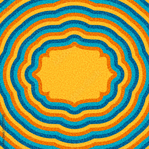 Ornamental yellow label-like shape centered in vibrant blue and orange ripple waves.