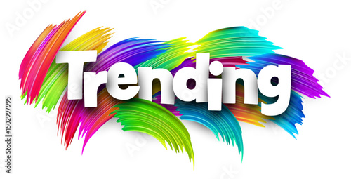 Trending text over colorful dynamic brush strokes. Vector illustration symbolizing crypto market buzz and digital trends.