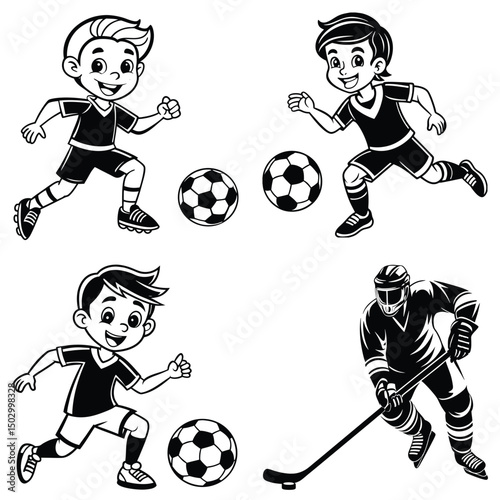 Cartoon Boys Playing Soccer and Hockey Illustration