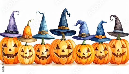 row of halloween pumpkins banner witch hat 