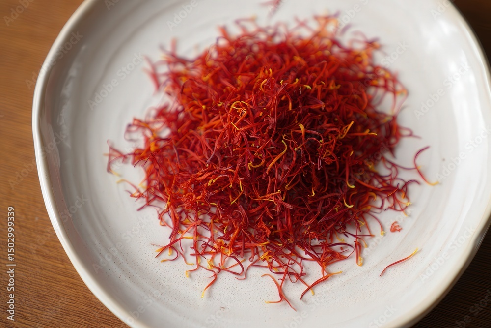 Fototapeta premium A bowl filled with red saffron threads on a wooden table.
