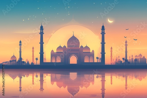 Majestic Mosque Sunset Reflection Peaceful Serenity