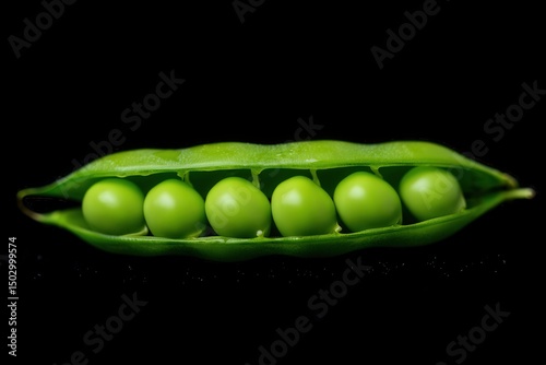 A green pea pod containing six green peas.