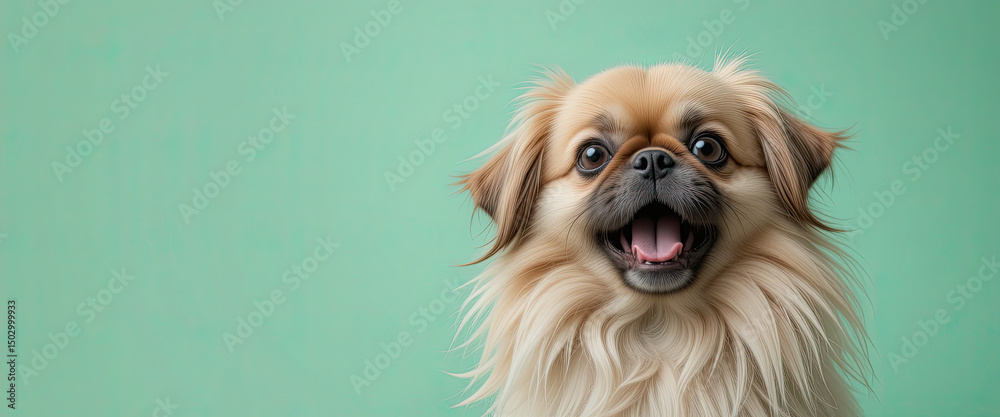 Obraz premium Cute fluffy Pekingese dog smiling happily in close-up portrait against pastel green background with soft lighting and centered face
