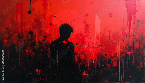 Silhouette of a person against a red abstract background
