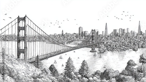 Golden Gate Bridge and San Francisco skyline in black and white vintage sketch engraving style landscape
