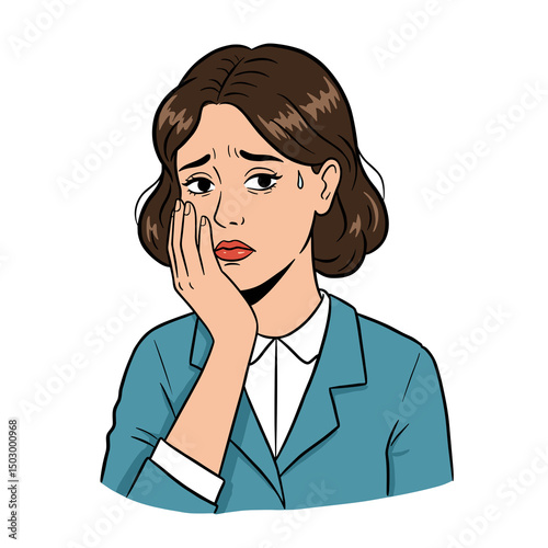 Worried woman with short brown hair frowning and holding her face, showing concern
