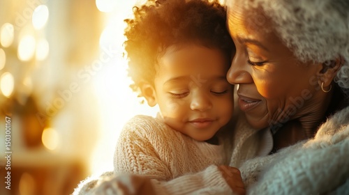 An elderly black lady with gray hair hugs a black baby boy and looks at him with love. Both are dressed in cozy knitted clothes. Grandmother and grandson